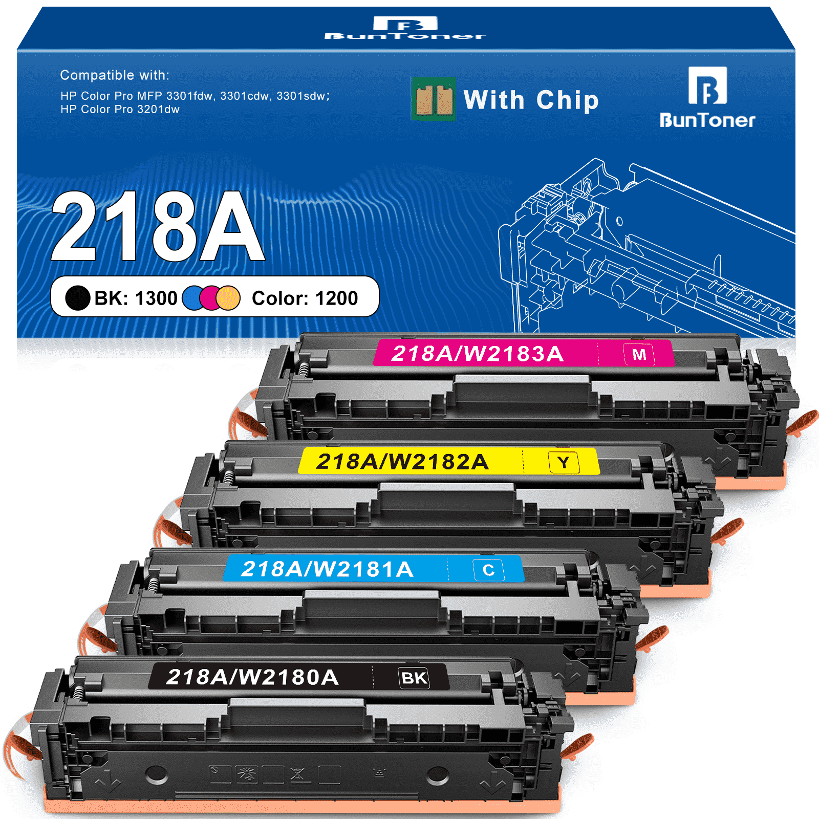 218A Toner Cartridges 4 Pack with chip Compatible for HP 218A 218X 218 Color MFP 3301fdw 3201dw 3301sdw 3301cdw Laserjet Printer Ink Set W2180A W2180X (Black Cyan Yellow Magenta)