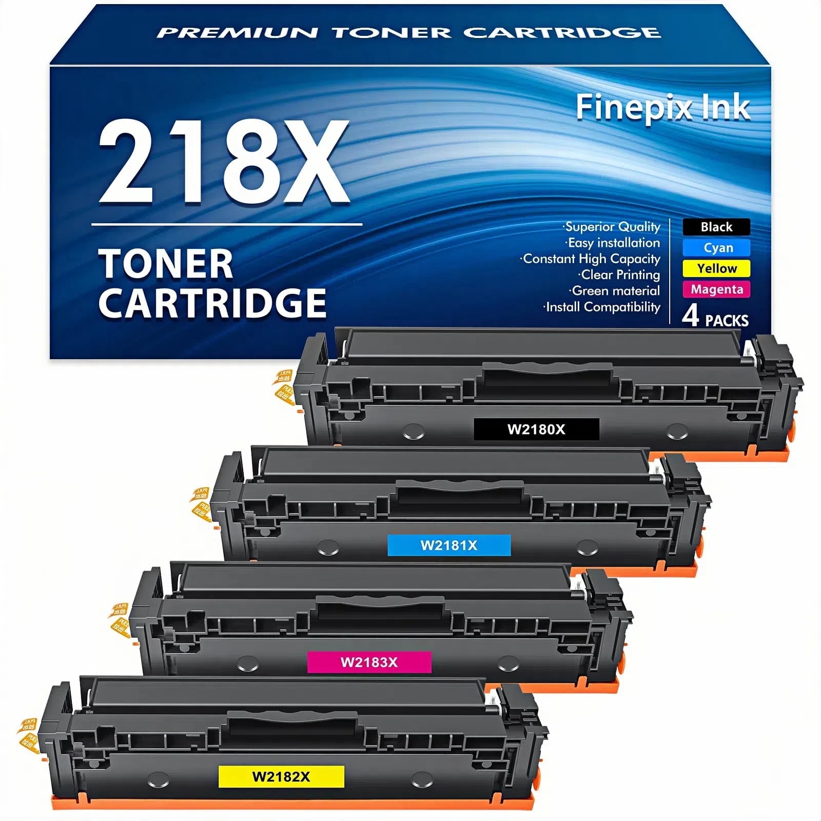 218X Toner Cartridges No-Chip 4 Pack 3301fdw Compatible for 218X W2180X 218A W2180A Color Laserjet Pro MFP 3301fdw Pro 3201dw MFP 3301sdw MFP 3301cdw Printer Ink Black Cyan Yellow Magenta
