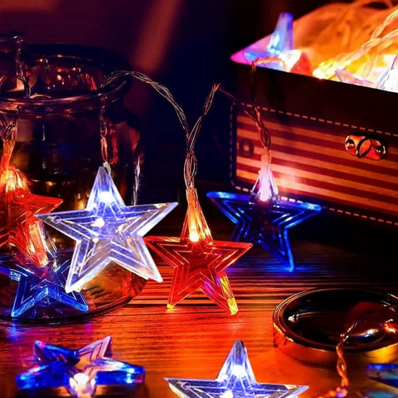 21FT 30 LED Red White Blue Solar Star String Lights, Weatherproof Waterproof Festive Light Chain, Bright Decor for Outdoor 4th of July Holiday Warm Atmosphere Layout