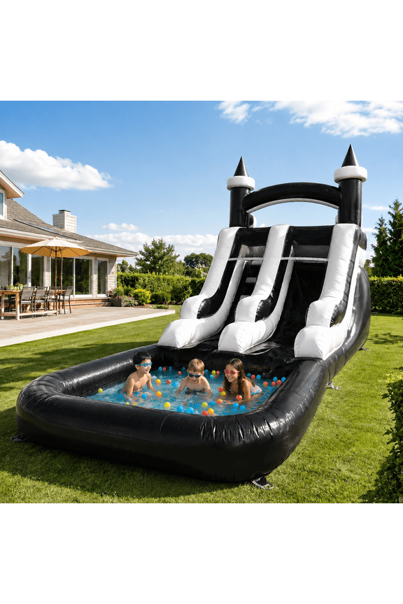 21FT Commercial Grade PVC Inflatable Water Slide with Splash Pool for Kids, Air Blower Not Included, Black/White