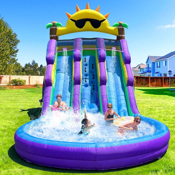 21FT Inflatable Double Water Slide with Splash Pool & Air Blower, Oxford Fabric Wet & Dry Backyard Water Slide for Kids & Adults