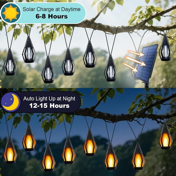 21Ft Solar String Lights Outdoor Waterproof Solar Powered Patio Lights with 10 Flickering Flame Light Bulbs Hanging Lantern String Light for Garden Yard Gazebo Cafe Bistro Party Outdoor Decor