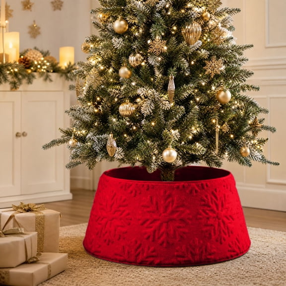 21Inch Plush Christmas Tree Collar, Snowflake Tree Stand Cover Ring for Artificial and Real Christmas Trees, Soft Fuzzy Tree Base Wrap for Living Room Seasonal Indoor Decor, Red