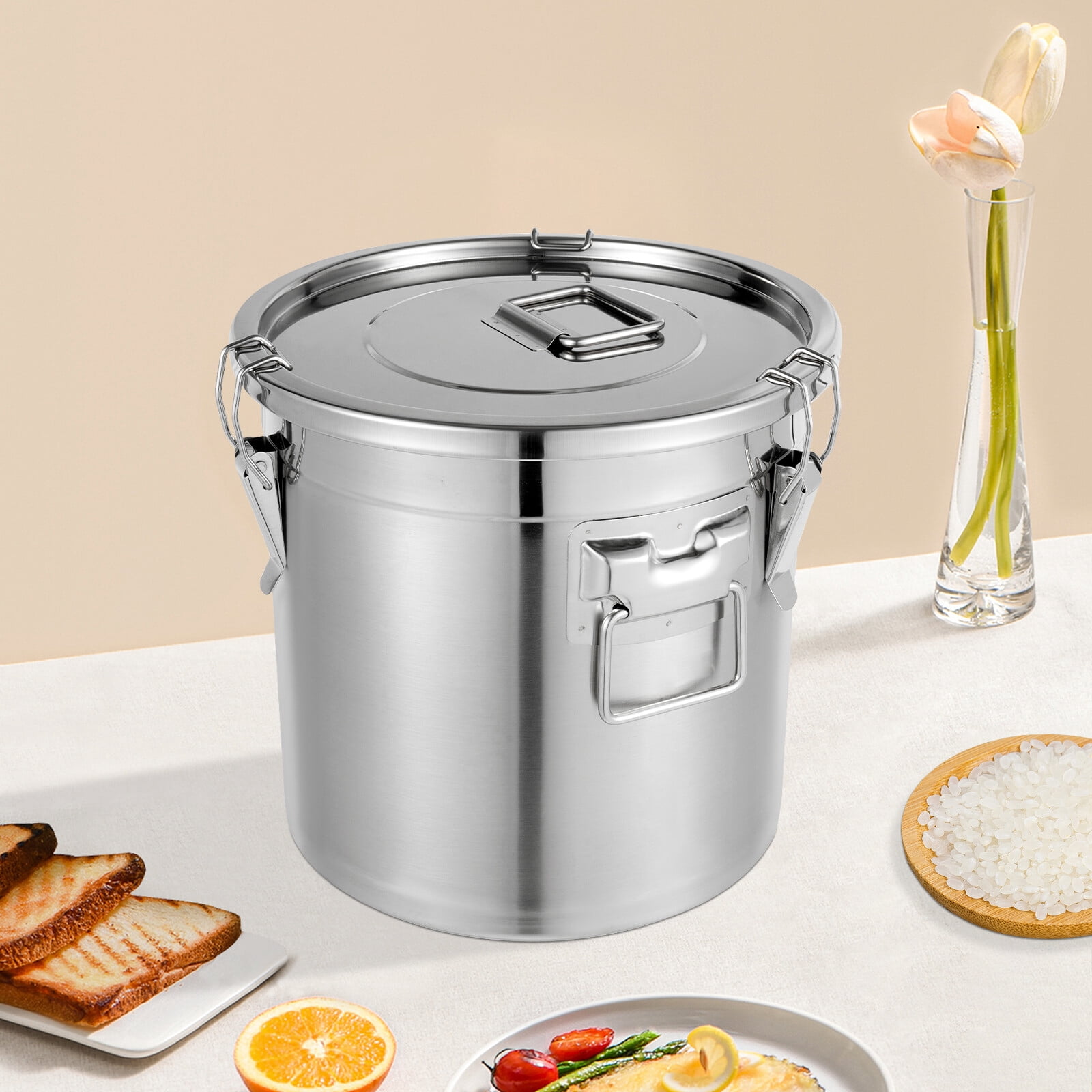 21L Silver Stainless Steel Dry/Wet Food Storage Container Airtight Canister W/ Handles for Restaurants