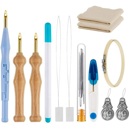 21PC Punch Needle Embroidery Kits Adjustable Punch Needle Tool, Wooden Handle Embroidery Pen, Bamboo Hoops, Punch Needle Cloth, Big Eye Needles, Needle Threaders