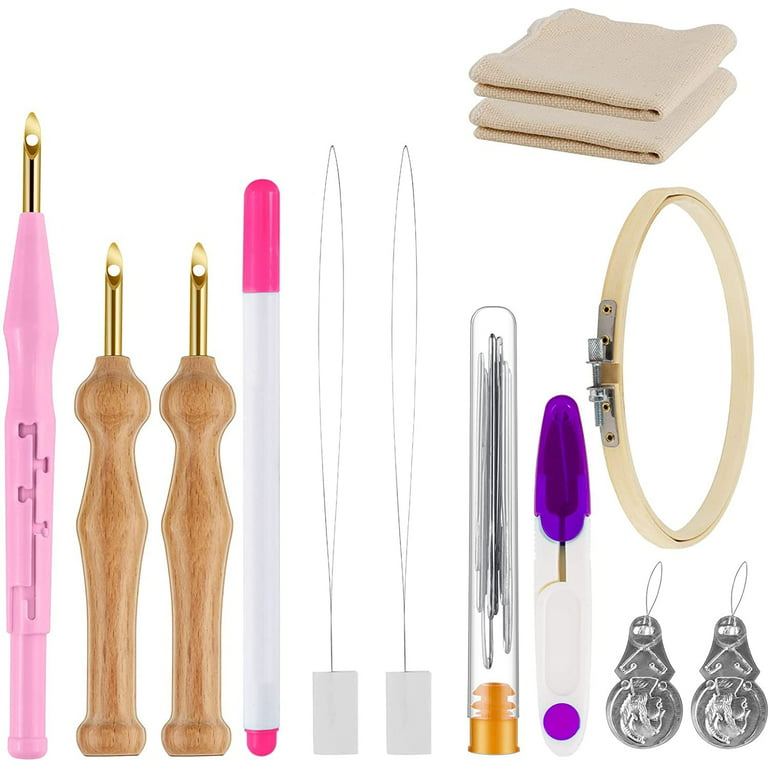 21PC Punch Needle Embroidery Kits Adjustable Punch Needle Tool, Wooden  Handle Embroidery Pen, Bamboo Hoops, Punch Needle Cloth, Big Eye Needles,  Needle Threaders（Pink） 