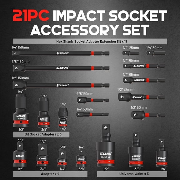 21PCS Impact Socket Adapter Set, Includes CR-MO Universal Swivel Socket Set, CR-MO Impact Couplers, CR-V Reducers, CR-V Hex Extension Bits, Square Drive Sockets, 1/4", 3/8", 1/2" Drive
