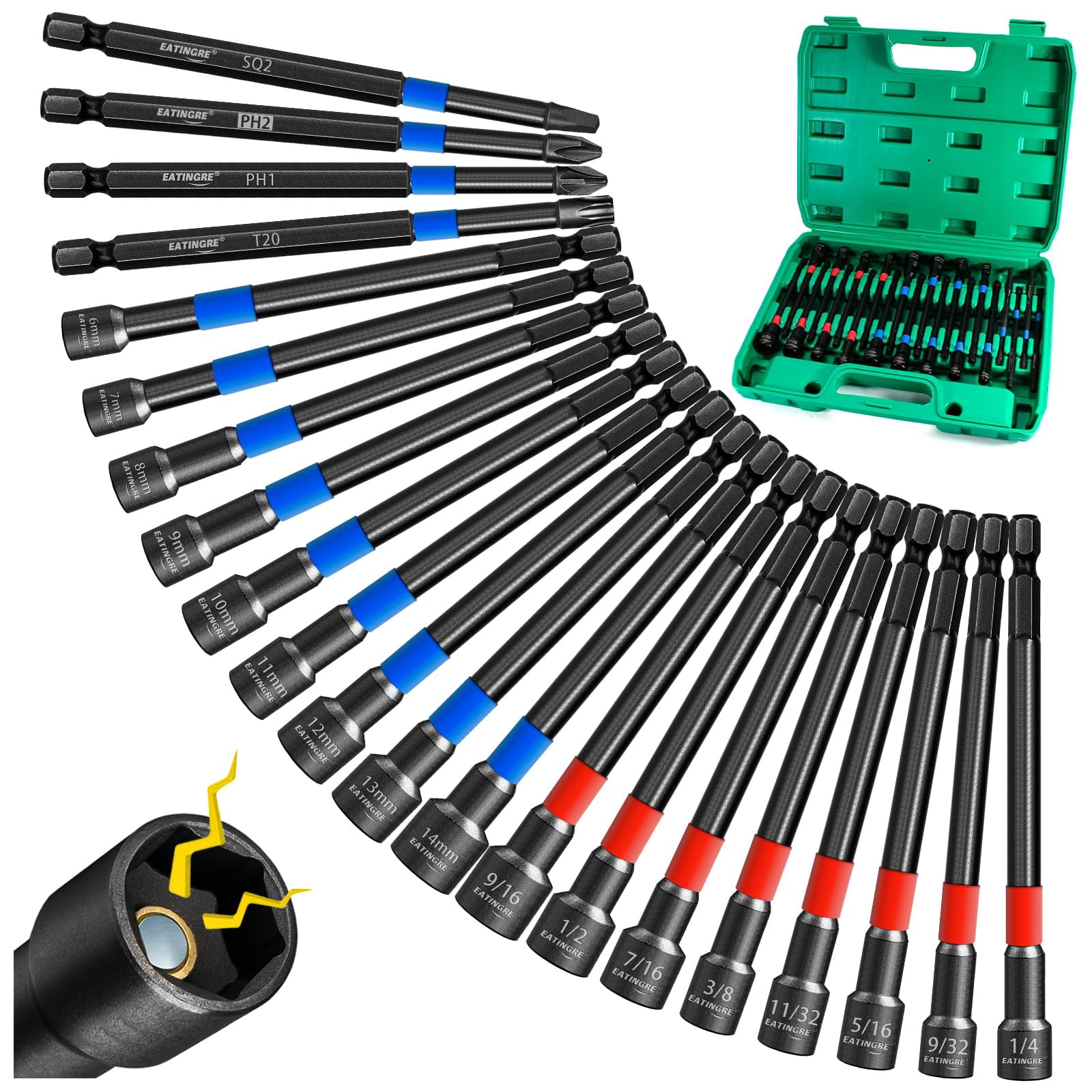 Saker 34-Pc Magnetic Impact Nut Driver Set – 1/4" Quick Change, Includes Sockets, Extensions & Adapters For Impact Drills