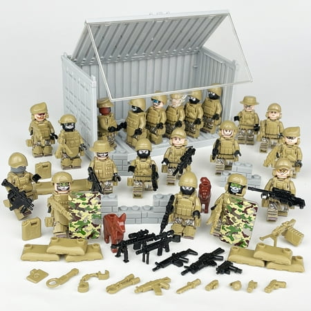 21PCS Military Army Action Figures – Desert Special Police Container Equipment Set, DIY Building Blocks Toy for Gifts & Kids
