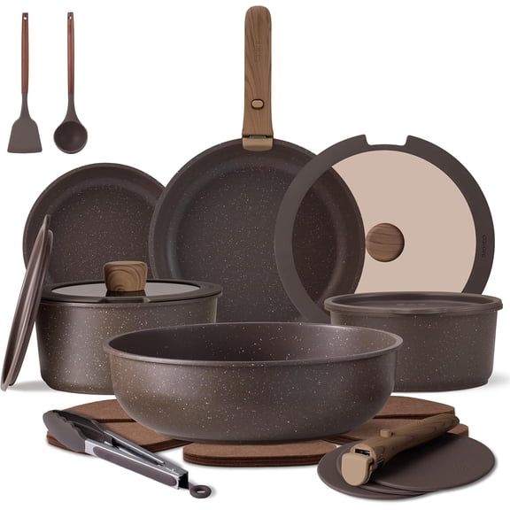 21PCS Pots and Pans Set Non Stick with Detachable Handle, Nonstick Cookware Sets, Cooking Kitchen Set, Oven/Dishwasher Safe, Induction Cookware, Brown, RV Kitchen Pot and Pan