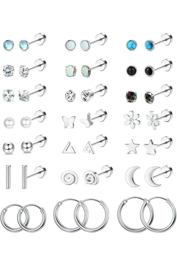 21Pairs Surgical Steel Flat Back Earrings Hypoallergenic 20G Screw Back Nap Stack Cartilage Earring Stacks Silver Silver Silver Silver