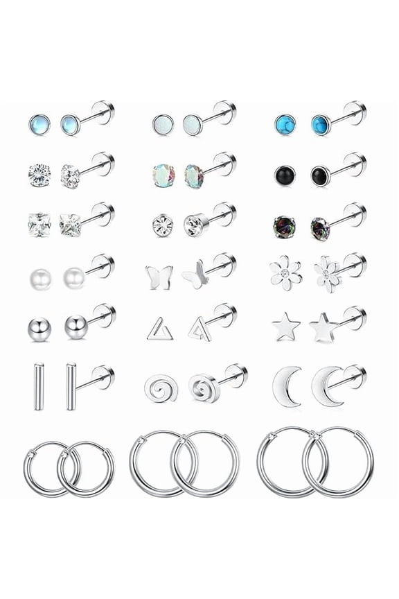21Pairs Surgical Steel Flat Back Earrings Hypoallergenic 20G Screw Back Nap Stack Cartilage Earring Stacks