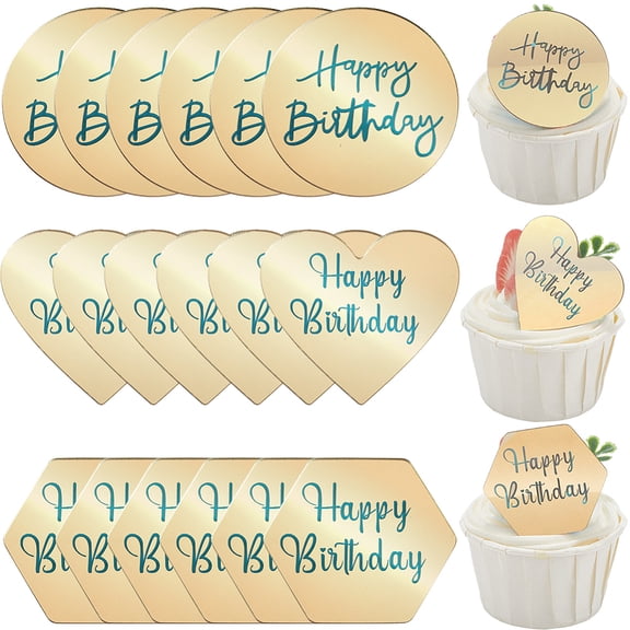 21Pcs 3 Styles Mirror Effect Acrylic Birthday Cupcake Insert Card Decoration Cake Toppers Gold 43.5~50x48.5~50x1.5mm 7pcs/style DIY