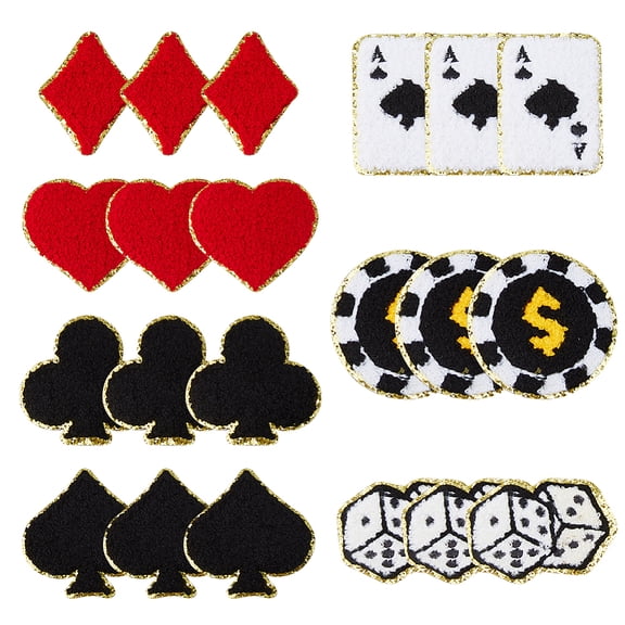 21Pcs 7 Styles Playing Cards Patch Gaming Iron on Patches Ace Joker Red Black Heart Embroidered Badges Costume Accessories