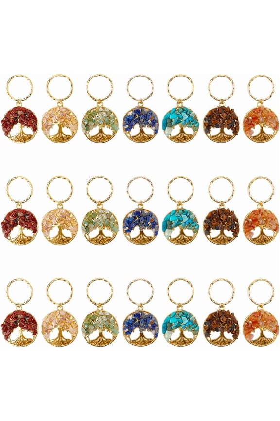 21Pcs 7 Styles Tree of Life Keychain Gemstone Life Tree Pendant Keychain Gemstones Key Chain Charm Alloy Pendant Keychain for Handmade DIY Bag Charms Keyring
