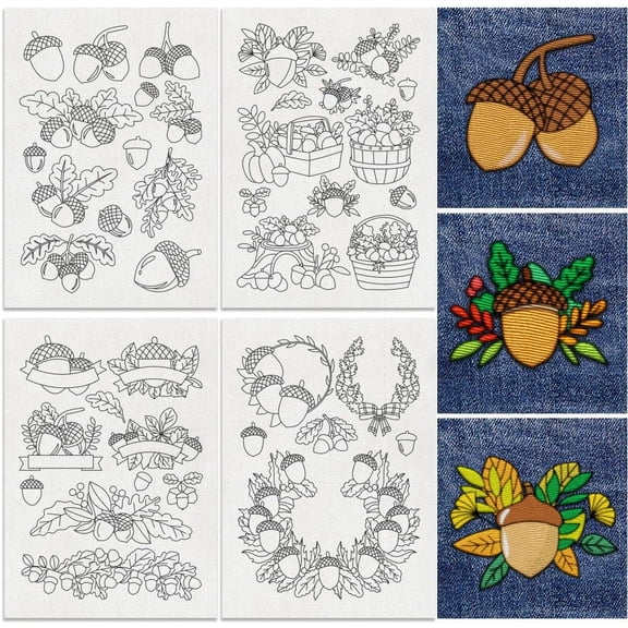 21Pcs Acorns Water Soluble Hand Sewing Stabilizers 8.3"x11.7" Autumn Fruits Embroidery Pattern Stabilizer 4 Sheets Fall Harvest Stick and Stitch Embroidery Paper Sticker making