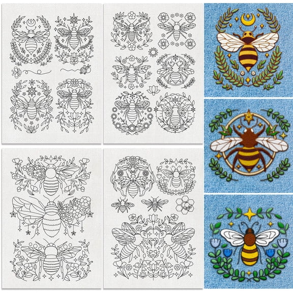 21Pcs Bee Water Soluble Hand Sewing Stabilizers 8.3"x11.7" Bee Vine Embroidery Pattern Stabilizer 4 Sheets Insect Flower Leaf Stick