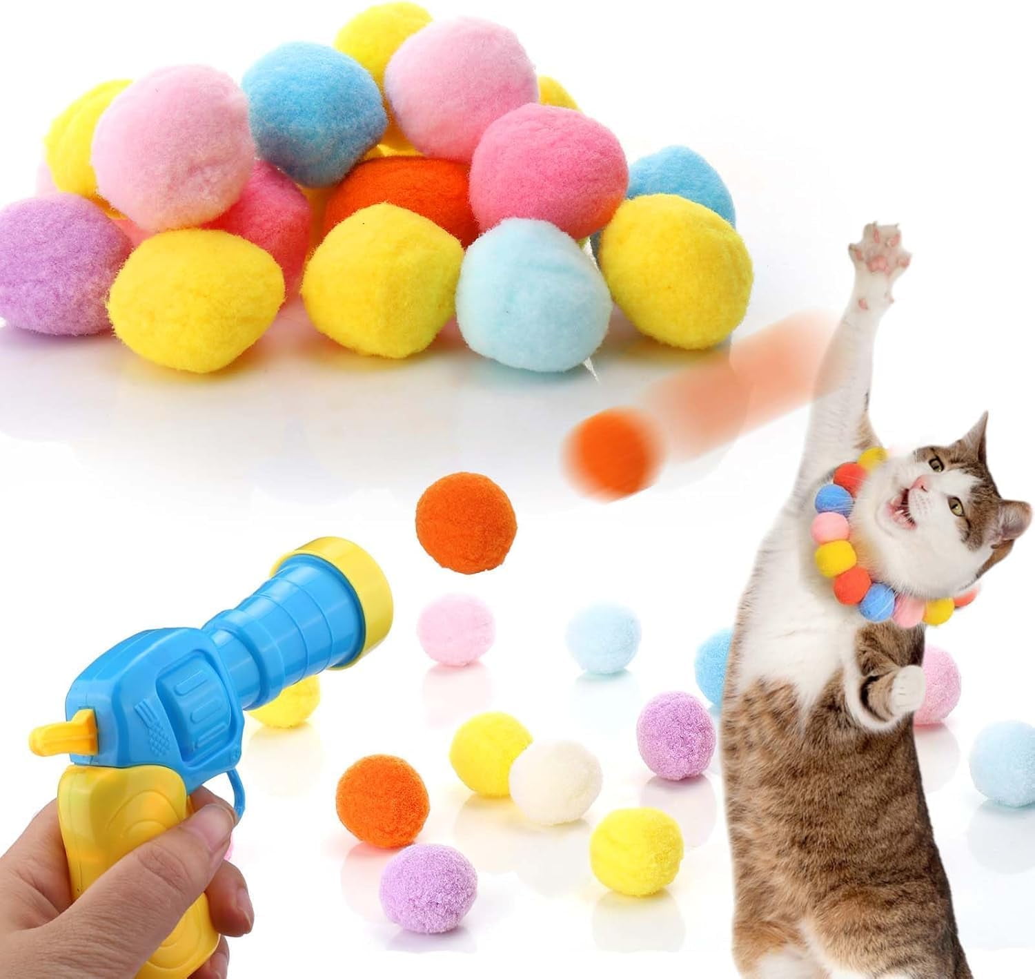 21Pcs Cat Ball Toy Launcher Gun, Funny Interactive Cat Toys for Bored Indoor Adult Cats,