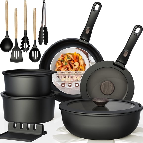 21Pcs Ceramic Nonstick Cookware Set, Detachable Handle, Stackable, Oven/Induction Safe, for RV, Mother's Day Gift