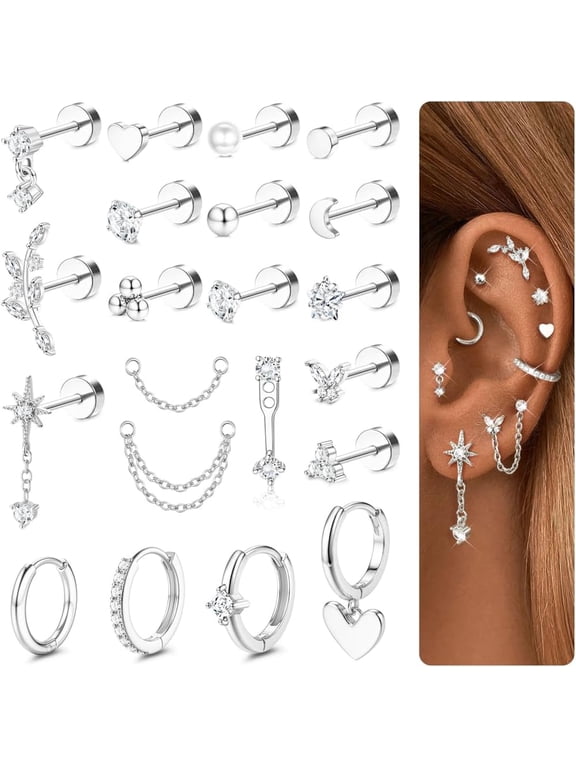 21Pcs Flat Back Earrings Stacks, Cartilage Helix Piercing Jewelry | 16G Hoop Stud Earring Set for Women, Hypoallergenic Surgical Steel, Conch Tragus Cartilage Helix Piercing Jewelry,Silver/Gold