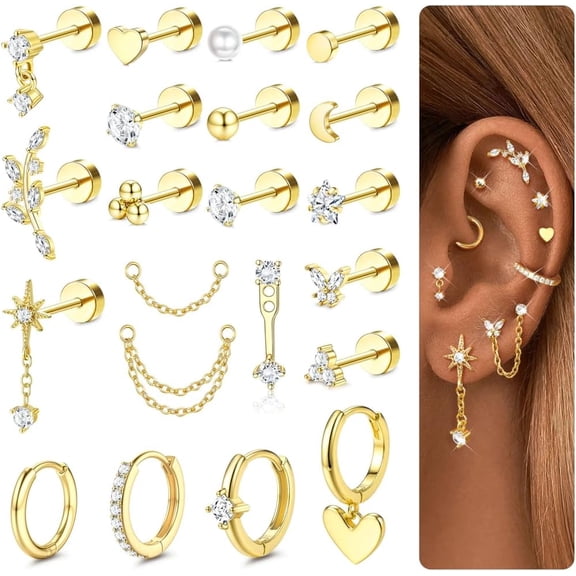 21Pcs Flat Back Earrings Stacks, Cartilage Helix Piercing Jewelry ...