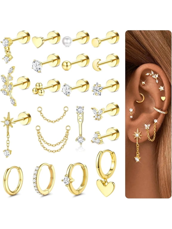 21Pcs Flat Back Earrings Stacks, Cartilage Helix Piercing Jewelry | 16G Hoop Stud Earring Set for Women, Hypoallergenic Surgical Steel, Conch Tragus Cartilage Helix Piercing Jewelry,Silver/Gold