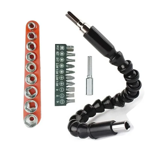 21Pcs Flexible Screwdriver Drill Bit Extension Set 11.8 Inch Shaft Tip for Computer Chassis Electrical Cabinets Furniture etc with 10 Bits 9 Sockets 1 Holder