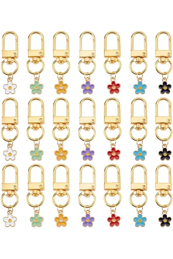 21Pcs Golden Keychain with Enameled 7 Color Sparkly Cherry Blossom Pendants Purse Charms for DIY Backpack Wallet Handbag Cute Floral Aesthetic Decoration Bag Pendant Chains