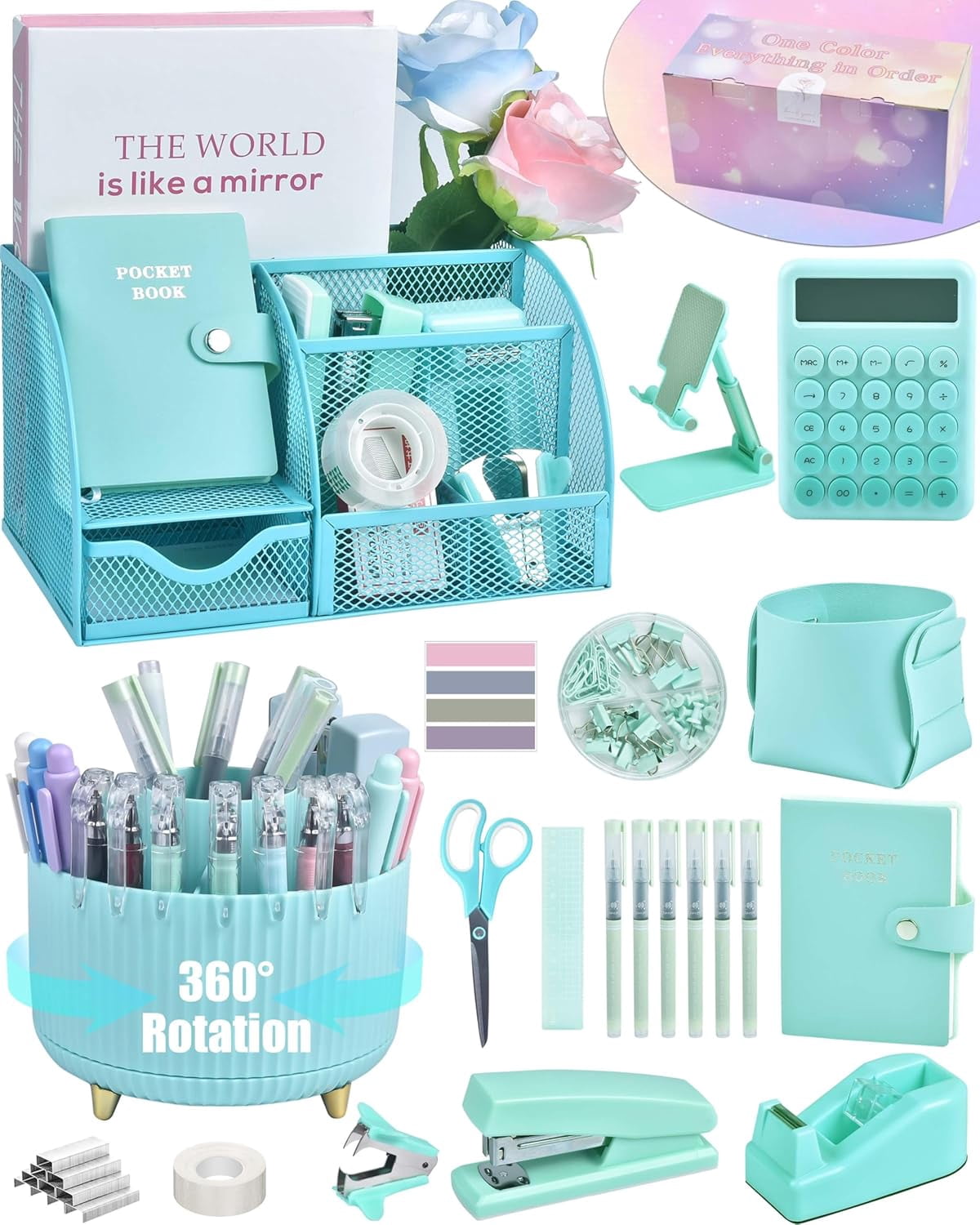 21Pcs Green and Blue Desk Organizers and Accessories With Mesh Desk Organizer and 360°Rotating Pen Holder and a Lot of Office Green Office Supplies Beautifully Presented in a Gift Box