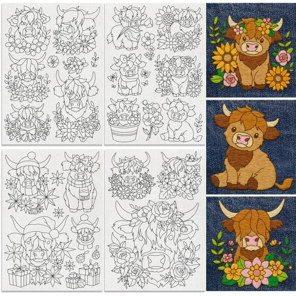 21Pcs Highland Cow Flower Water Soluble Hand Sewing Stabilizers 8.3"x11.7" Cute Highland Cow Embroidery Pattern Stabilizer 4 Sheets Floral Cows Stick and Stitch Embroidery Paper Sticker