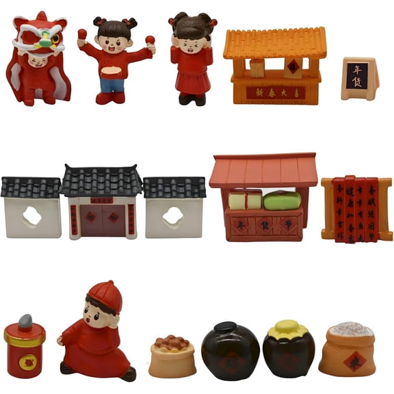 21Pcs Miniature Chinese New Year Figurines Mini Spring Festival Lion Dance Action Figures 1 Inch Simulated Resin Furnitures Models for DIY Diorama Micro Landscape Craft