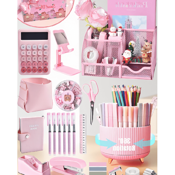 21Pcs Pink Desk Organizer Set with Organizer, 360 Rotating Pen Holder, Calculator, Stapler, Pens and Office Supplies, Gift Box Included