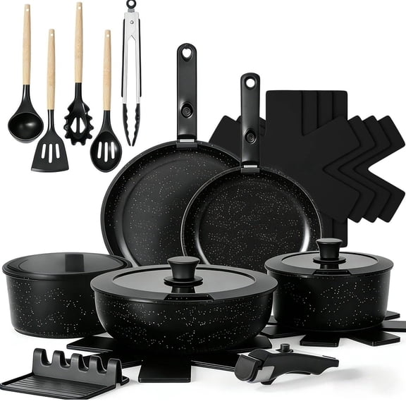 21Pcs Pots and Pans Set Non Stick, Nonstick Cookware Sets Detachable Handle, Non Toxic Induction RV Kitchen Cooking Set, Dishwasher/Oven Safe, Fridge Safe, Space Saving(Black)