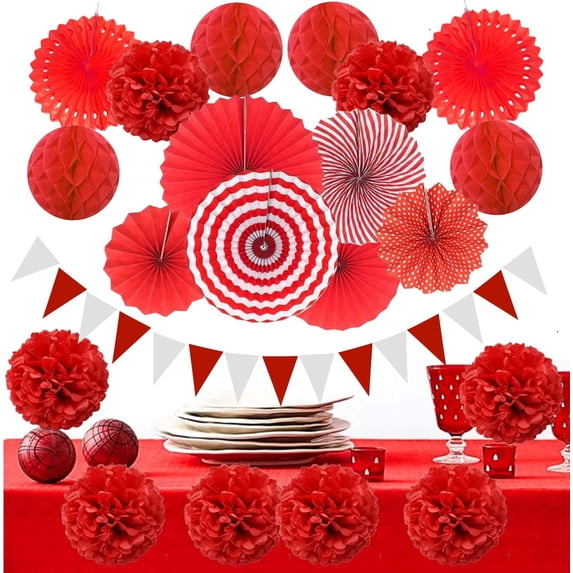 21Pcs Red White Party Backdrops Paper Fans Pom Poms Flowers and Hanging Paper Dots Garlands Triangle Bunting Flags Streamers for Birthday Wedding Baby Showers New Year Holiday Party Decorations Suppl