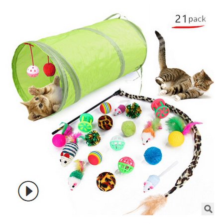 21Pcs/Set Pet Toy Kitty Cat Toys Feather Fleece Balls Mice Shape Dolls Bells Foldable Tunnel