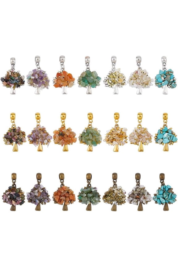 21Pcs Tree of Life Gemstone Pendants Quartz Pendants Charms Mixed Gemstone Chip European Dangle Charms Tree Large Hole Pendants with Alloy Findings