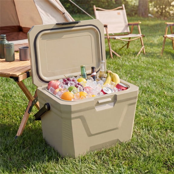 21Qt Portable Cooler Box Coffee 3-Layer Insulation Hard Shell Ice Chest with 2 Cup Holders for Outdoor Camping Fishing