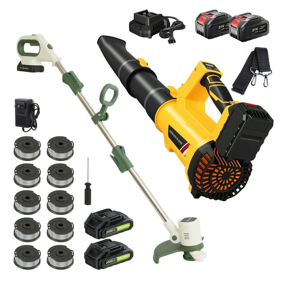 21V 2-Tool Cordless Combo Kit, String Trimmer and Leaf Blower, Foldable Weed Trimmer, Variable Speed Leaf Blower for Yard Patio, Batteries & Charger Included