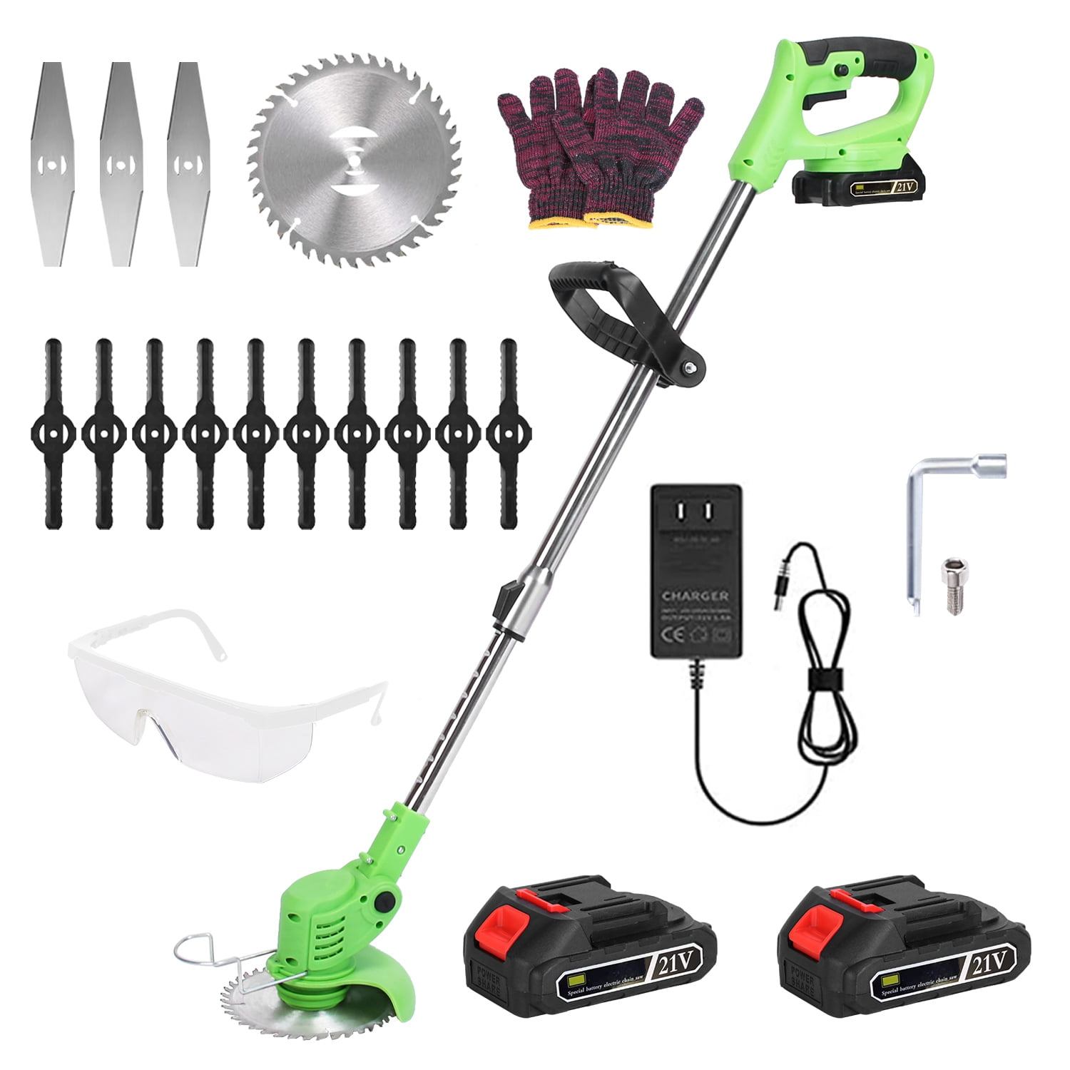 21V 300W Cordless Grass Trimmer Rechargeable Lawn Mower 18000M/Min Weed Cutter with Saw Blade 2 Stainless Steel Blades 10 Plastic Blades 2 Rechargeable Batteries Goggles Gloves