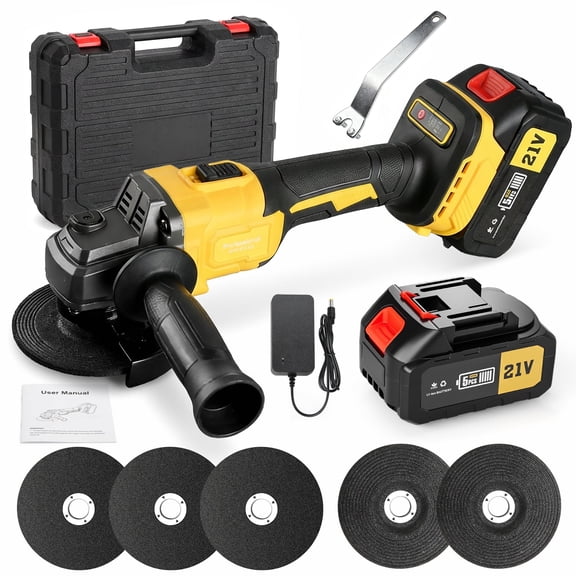 21V Angle Grinder, Double Battery Pack, 2 Grinding Discs, 3 Cutting Discs, Yellow