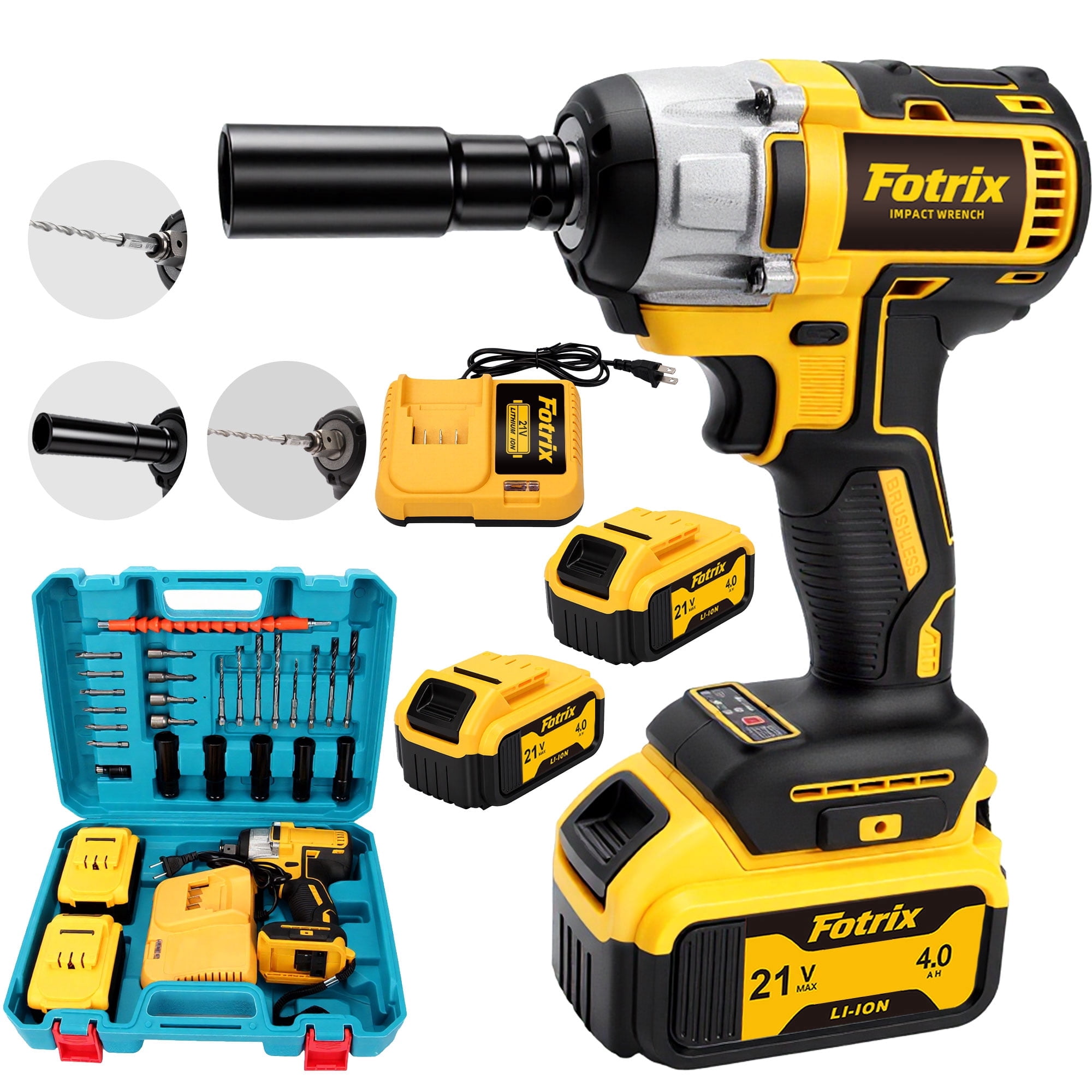 Fotrix 21V Brushless 1/2" Impact Wrench Kit, 3-in-1 Heavy Duty Drill & Driver, 4.0Ah Battery, Suitable For Home Repair, Cordless Impact Gun for Auto Repair, DIY Enthusiasts And Men