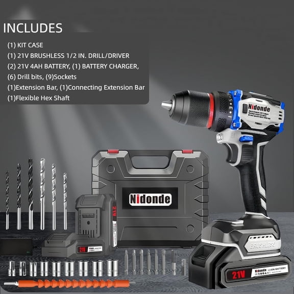 21V Brushless Cordless Drill Set Max Torque 55Nm, 0-1550RPM Variable Speed, 3/8 Inch Keyless Chuck (Included Chuck), 21+1 , Fasten Function, 4.0Ah Lithium Battery & Fast Charger Drill Tool Kit
