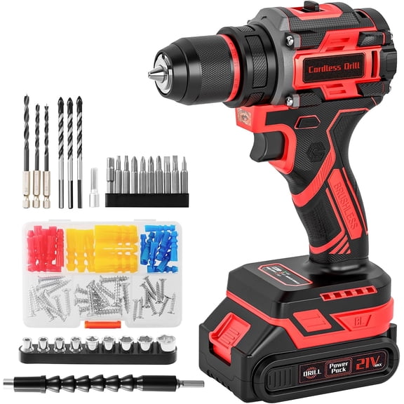 21V Brushless Cordless Drill Set, PowerDrill with 2.0Ah  and , 575 Inch Pounds, 3/8"  Keyless Chuck ElectricDrill, Compact Design, 25+1Position, 87 count Accessories, Gifts for Dad Men