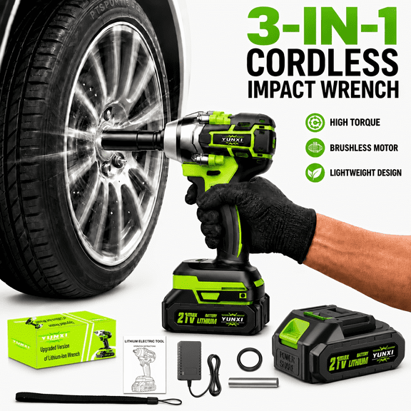 21V Brushless Impact Wrench with 1 Battery, Factory Set for Car and Truck Tire Removal, Portable Toolbox Included