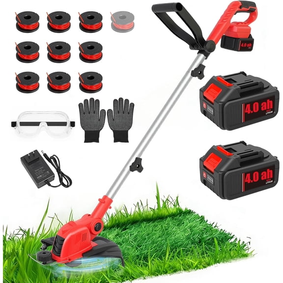 21V Cordless 2-in-1 String Trimmer and Edger with 2x4.0Ah Batteries, 12 Auto Feed, 10 Spools, Fast Charger, Red