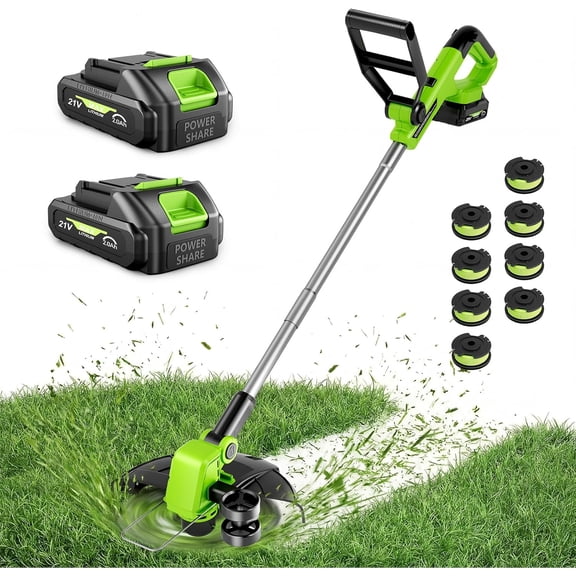 21V Cordless 2-in-1 String Trimmer and Lawn Edger with 12 Inch Auto Feed, 9000 RPM, 2x2.0Ah Battery, 8 Spools, Green