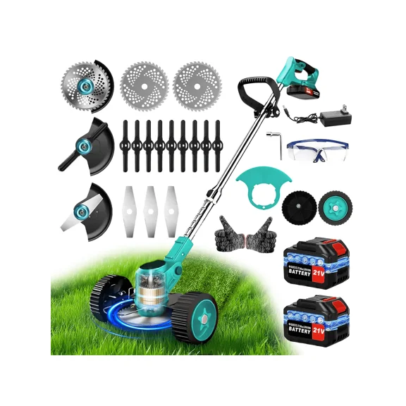 21V Cordless 3-In-1 Weeds Eater - Electric Weeds Wacker With Wheels, Foldable Design, 4 Types Of Blades, And Long-Lasting Battery For Efficient Lawn, Yard, And Garden Trimming