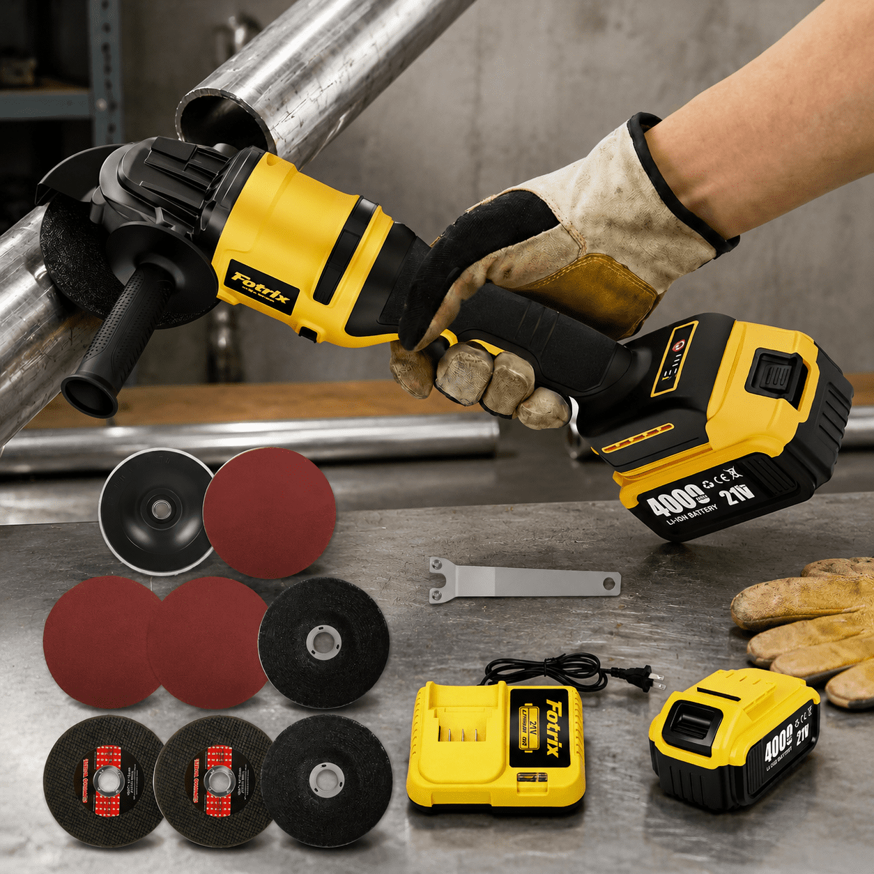 Fotrix 21V Cordless Angle Grinder, 4-Inch Brushless Grinding and Cutting Tool, 3-Speed 5000-11000 RPM, with Battery, Charger and Grinding Discs