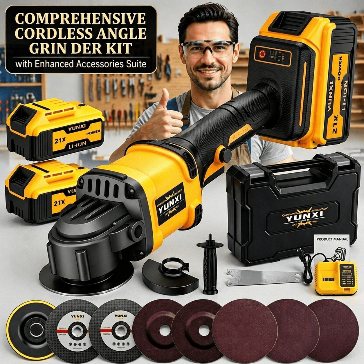 21V Cordless Angle Grinder with Multi-Speed Control, Rechargeable Lithium Polisher and Rust Remover Kit with Fast Charger & Accessories, Practical Gift for Men