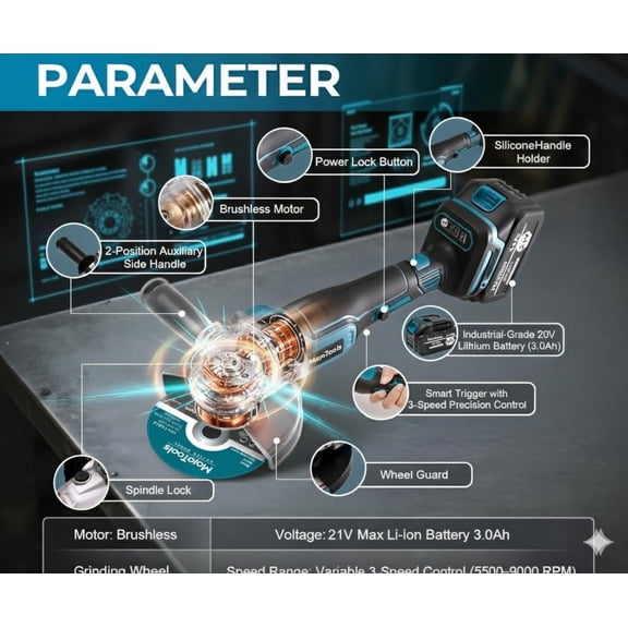 21V Cordless Brushless Angle Grinder – 4-1/2" Electric Grinder with 2×3.0Ah Batteries, 9000 RPM, Fast Charger, Safety Brake, Dual Handle – for Cutting, Grinding, Polishing